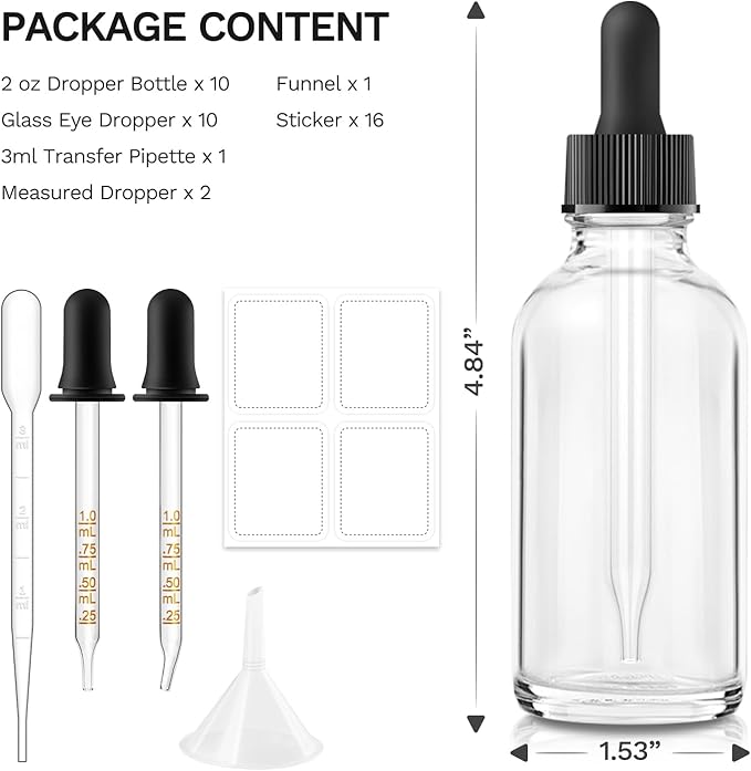 Dropper Bottle 2 oz, 10 Pack Glass Eye Dropper Bottles with Labels and Funnel, Tincture Bottle with Measured Dropper - Leakproof Essential Oils Bottles
