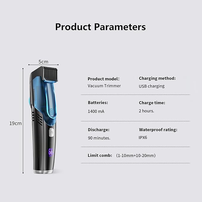Electric Beard Trimmer for Men, Vacuum Beard Trimmer, 20 Length and Style Settings with Adjustable Length Comb (1-20mm) Mustache Trimmer, Washable, Removable Blades - Blue