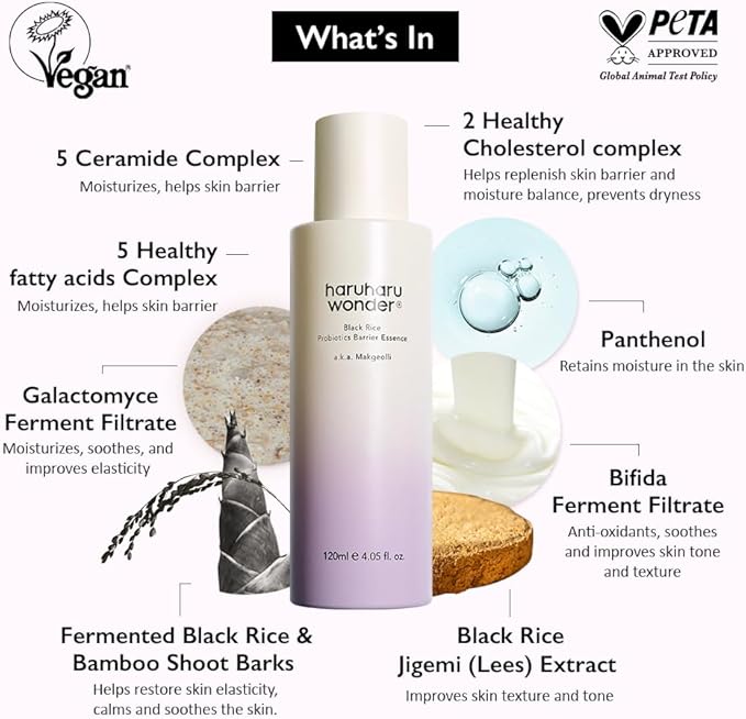 haruharu Wonder Black Rice Probiotics Barrier Essence 4.05 fl. oz., Essence Toner to Strengthen Skin Barrier with Ceramides, Fermented Ingredients, Milky Essence, Moisturizing, Plumping