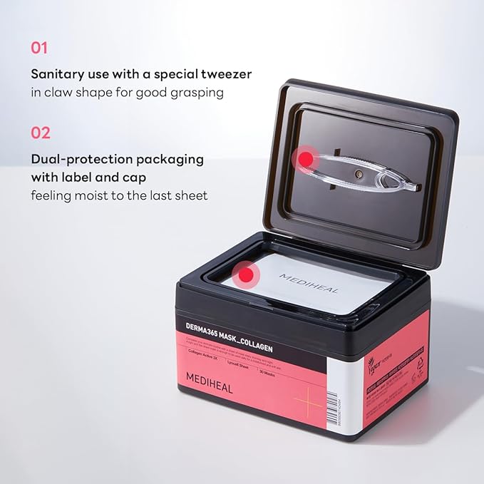 Mediheal Derma 365 Collagen Mask (30 Masks) - Daily Skin Care Mask for Firm Moisturizing to Lift Skin with Collagen Active 3X