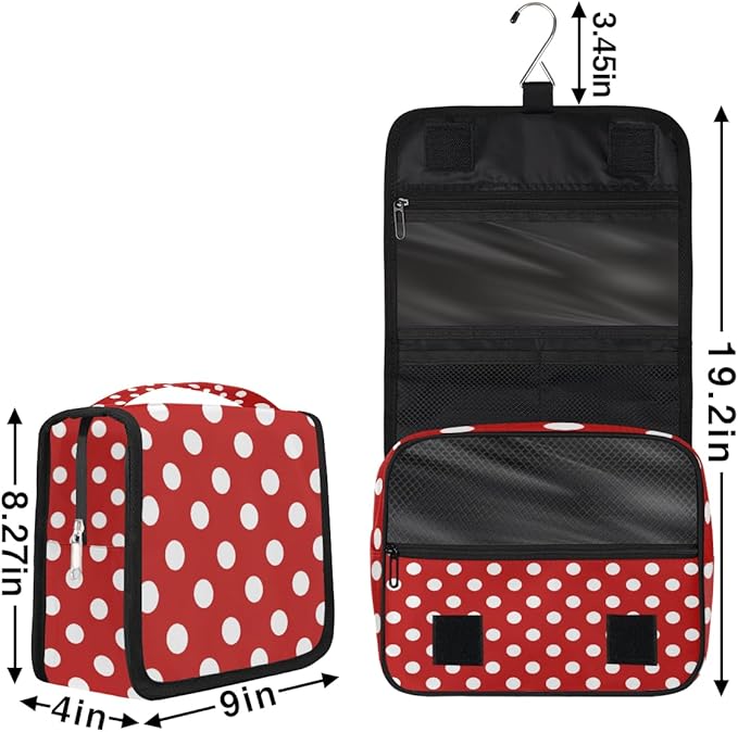 Hanging Travel Toiletry Bag for Women, Polka Dot Print Travel Makeup Bag Red White Polka Dot Portable Cosmetic Bag Travel Organizer for Toiletries Accessories