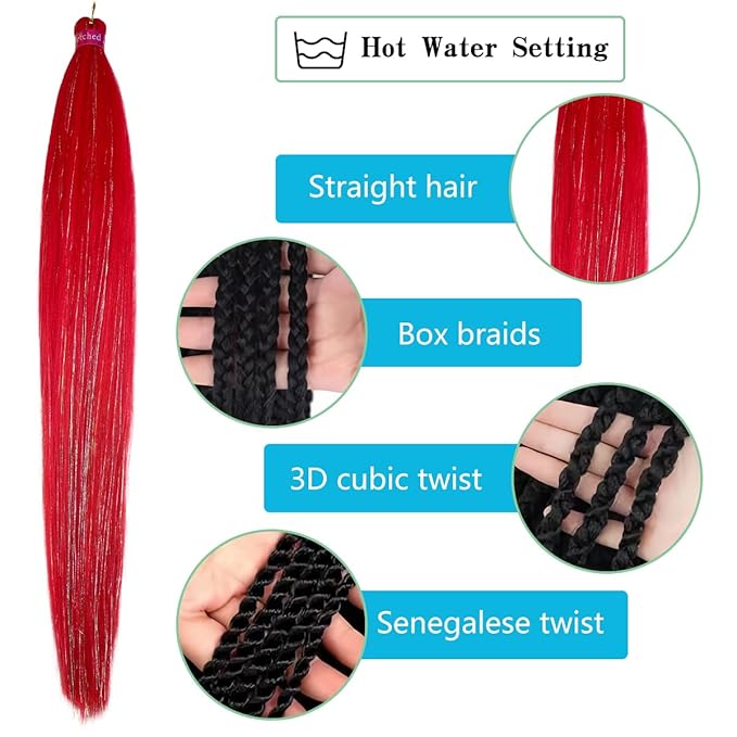 Upgraded Braiding Hair Extension Mix Tinsel, Pre Stretched Braiding Hair for Braiding Twist Braids Itch Free Hot Water Setting Yaki Straight Synthetic Hair (Rose red tinsel, 28 Inch (Pack of 3))