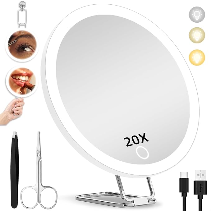 20X Magnifying Mirror with Lights, 6inch Makeup Magnified Mirror 20x Lighted Travel Magnification with 3 Suction Cups and 360° Adjustable Stand- Includes Tweezers & Scissors