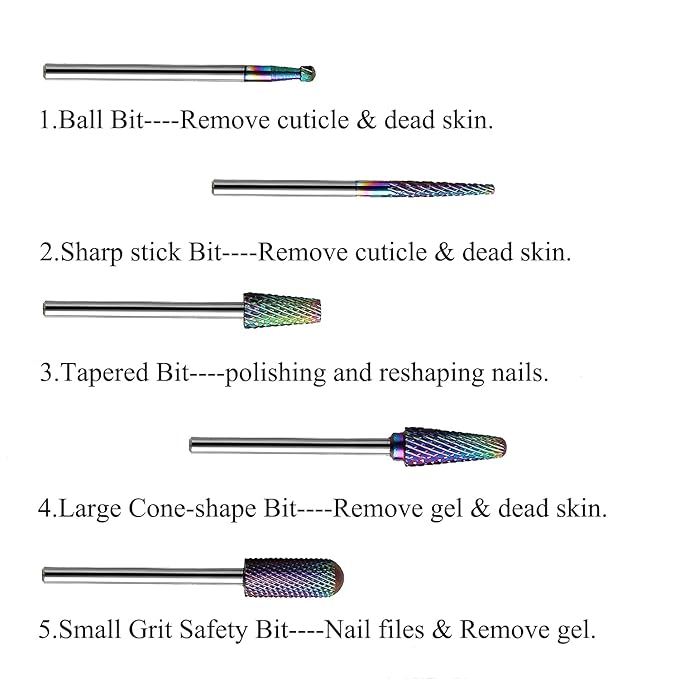 Nail Drill Bits Set, 10Pcs Tungsten Carbide Drill Bits for Nails Remove Acrylic Poly Nail Gel Polish, 3/32" Nail Files for Nail Cutter Cuticle Manicure