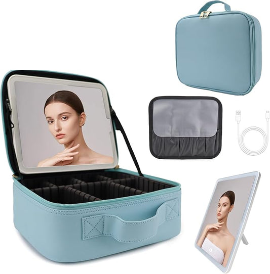 Travel Makeup Bag with LED Lighted Mirror,Cosmetics Organizer, Makeup Bag with 3 Color Lighted Setting, Portable Storage and Adjustable Dividers Travel Makeup Bag(baby blue)