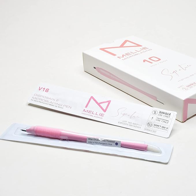 M PACK OF 10 Mellie's Signature Microblading Disposable Pen - Sterilized Blade - Comfortable Rubber Grip With Pigment Sponge (V16 .18mm, Pink)