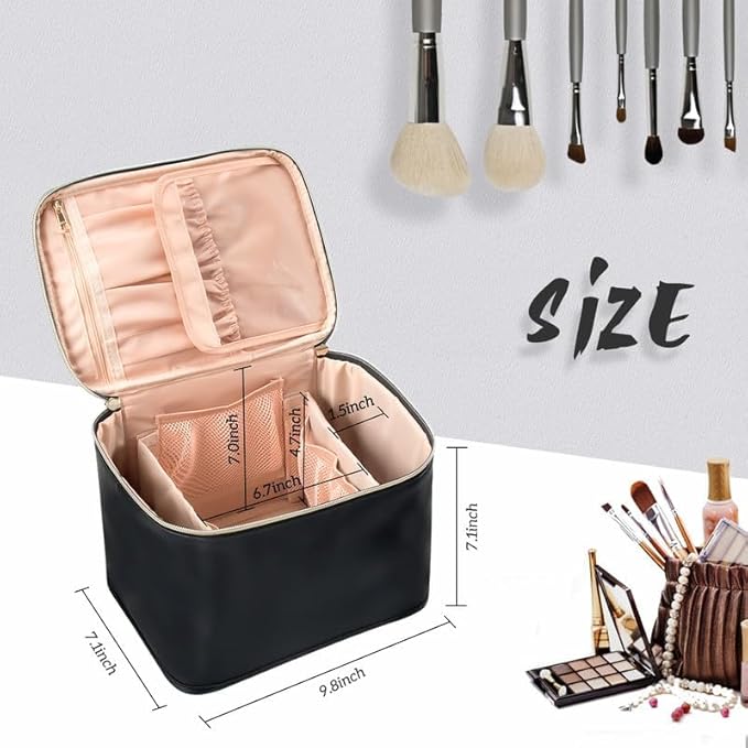 OCHEAL Large Makeup Bag for Women - Travel Cosmetic Organizer with Brush Holder & Dividers, Waterproof Leather Makeup Case, Portable Toiletry Bag for Makeup Brushes, Skincare, Accessories (Black)