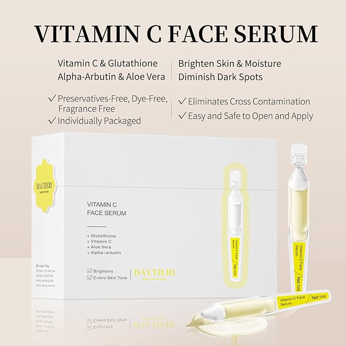 Vitamin C Face Serum with Glutathione, 4D Hyaluronic Acid, Organic Aloe Vera, Travel Size Ampoule, Brightening and Hydrating Serum, Dark Spot Remover, 30 Ampoules (1ml each)