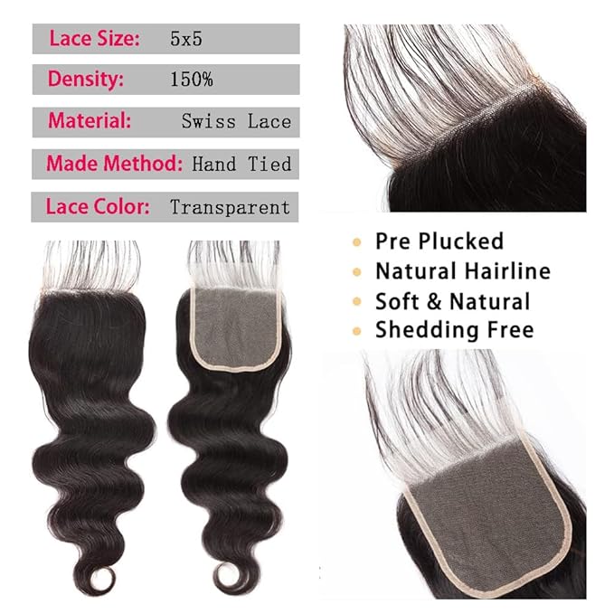 Human Hair Bundles With Closure Body Wave(14 16 18+5X5 Lace Closure 12Inch) Natural Black 3 Bundles Human Hair With 5X5 Hd Lace Closure 12A 100% Human Hair Extensions