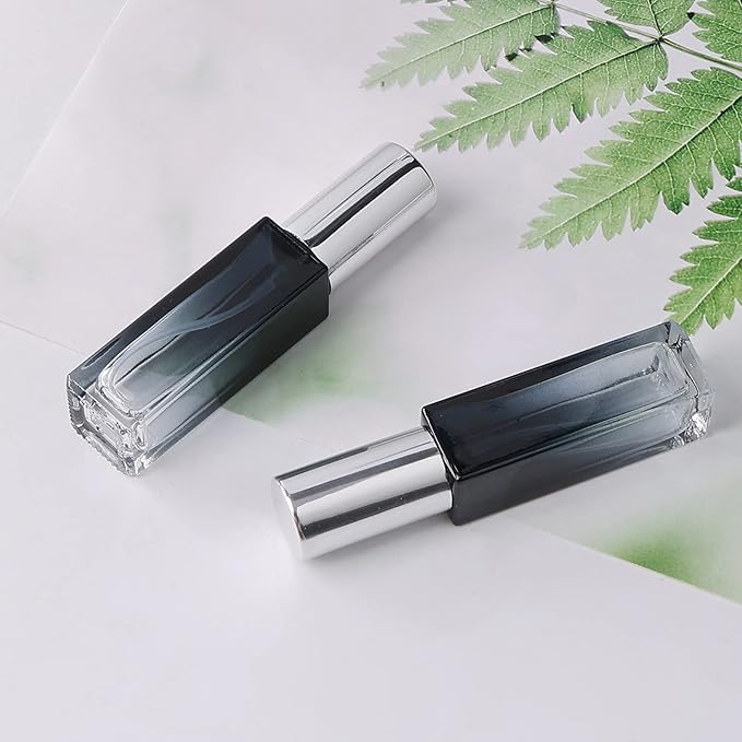 45pcs 10ml Mini Square Spray Bottle Glass Empty Spray Refillable Perfume Bottle Fine Mist Liquid Dispenser for Makeup Skin Care (Silver Cap)