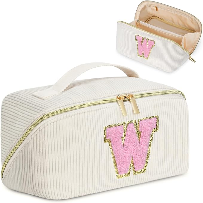 Gifts for Girls, Initial Travel Makeup Bag Women's Day Gift Make up Bag Cosmetic Bags Monther's Day Gifts, Personalized Stuff Bag Cute Makeup Bag Birthday Gifts for Women/Friend/Mother - W