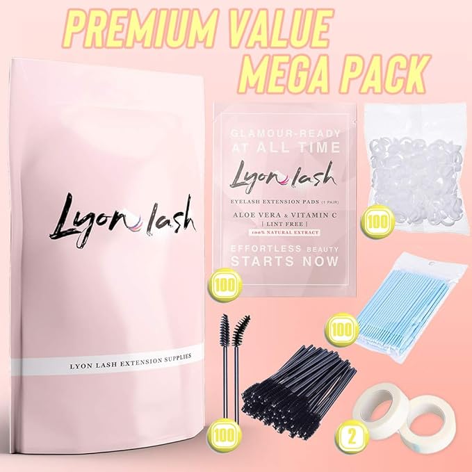 Lyon Lash Eyelash Extension Supplies 4x100 Packs - 100 Pairs Under Eye Gel Pads | 100 Disposable Mascara Brushes Wands | 100 Micro Applicators Brush | 100 Glue Ring Holder | 2 Medical Tapes