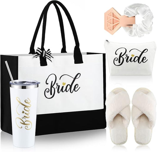 LEIFIDE Bride Tote Bag Bride Gifts Set 5 Pcs Makeup Bag Bride Stainless Tumbler Cup Bride Slippers White Hair Tie Slippers for Bridal Shower Bachelorette Party Wedding Day Gifts for Bride (Classic)