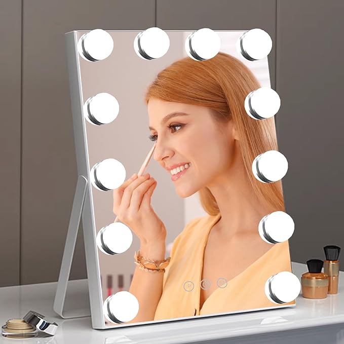 10" x 12" Vanity Mirror with Lights,Portable Travel Mirror with 12 LED Lights Bulbs,Lighted Makeup Mirror with 3 Color Lighting Modes,Mirror with Lights for Makeup Desk ＆ Dressing Room,White
