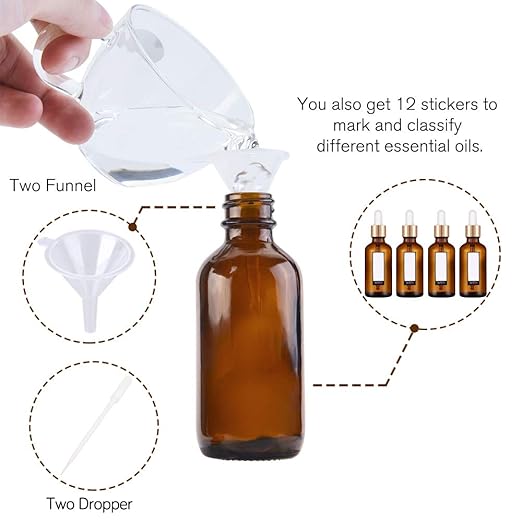 PrettyCare Eye Dropper Bottle 2 oz (12 Pack Amber Glass Bottles 60ml with Golden Caps, 24 Labels, Funnel & Measured Pipettes) Empty Tincture Bottles for Essential Oils