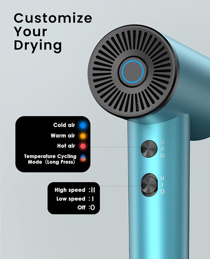 Ionic Hair Dryer, High-Speed Blow Dryer - 150,000 RPM Brushless Motor, 500 Million Negative Ions, Ultra-Light & Small, Smart Temp Control, Quiet Hairdryer for Women, Ideal for Travel, Home