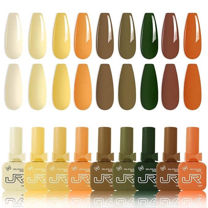 JR 9 Pcs 0.5oz Gel Polish Kit 9 Bright Shades for Beach Vacations & Pool Parties, Quick Dry, Fade-Proof & Non-Toxic Soak Off Polish Home DIY Gift E Yellow Series