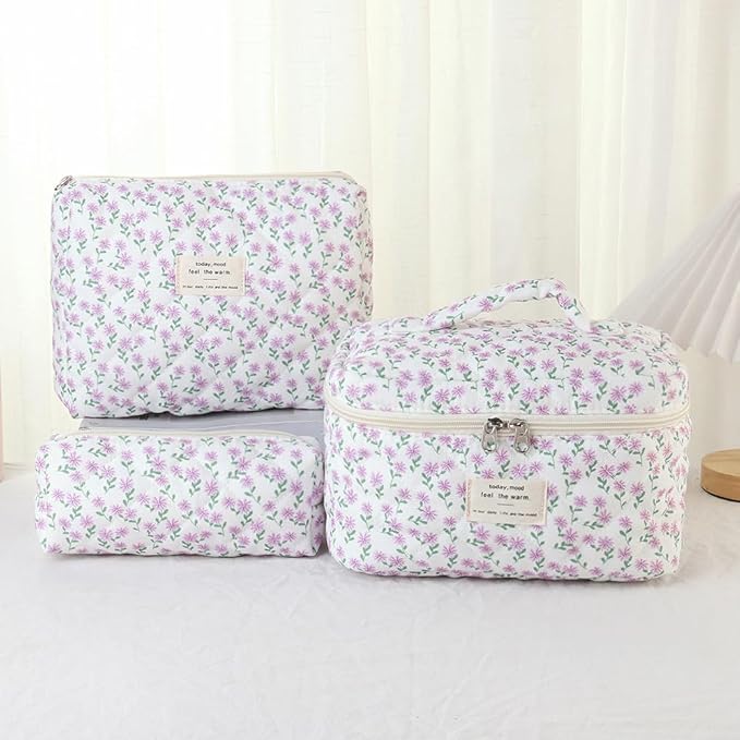 3Pcs Makeup Bag Cotton Quilted Travel Cosmetic Bag Cute Floral Makeup Pouch Large Toiletry Bag for Women Girls (Flowers-Pink)