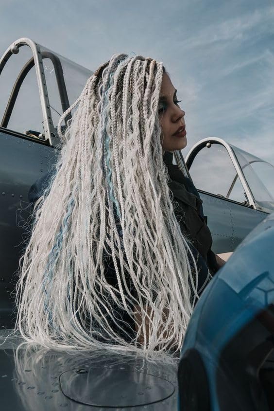 24 In 30 Strands Boho Dreadlock Extensions, Gray to White Synthetic Curly Dreads Extensions with Box Braid, 100% Handmade Dreads Hippie Style Dreadlocks for Woman