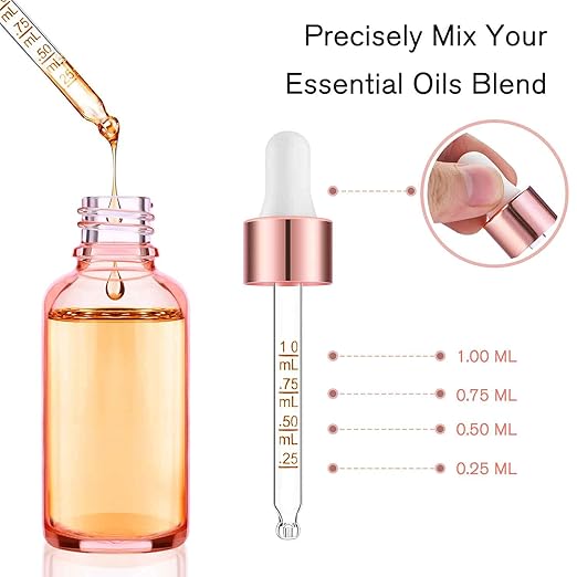 24 Pack 2 Oz Glass Eye Dropper Bottles Rose, 60 ml Empty Tincture Dropper Bottle with Scale droppers, 1 Extra Cap, 2 Plastic Funnels, 2 Pipettes & 48 stickers for Essential Oils, Body Oil