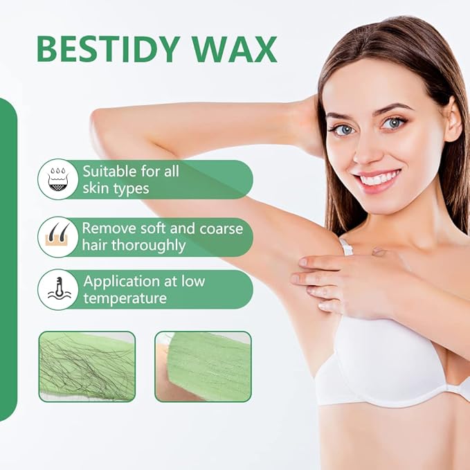 Bestidy Hard Wax Beads for Hair Removal - 1000g Waxing Beans for All Body and Bikini Areas (Green)