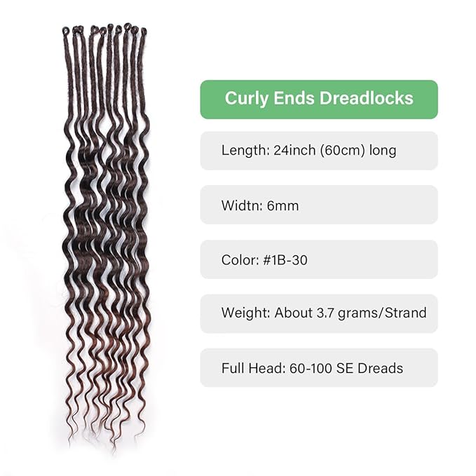 24 In 30 Strands Curly Dreadlock Extensions, Ombre Auburn Synthetic Single Ended Dreads Extensions, 100% Handmade Dreads Hippie Style Dreadlocks for Woman