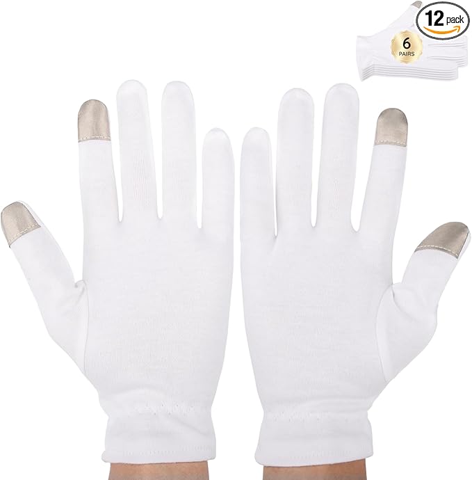 Segbeauty 12pcs Touchscreen Fingers Moisturizing Gloves, 6 Pairs Hand Gloves Moisturizing Overnight with Elastic Band for Women and Men, White Cotton Gloves Overnight Sleeing for Work Dry Hands Medium