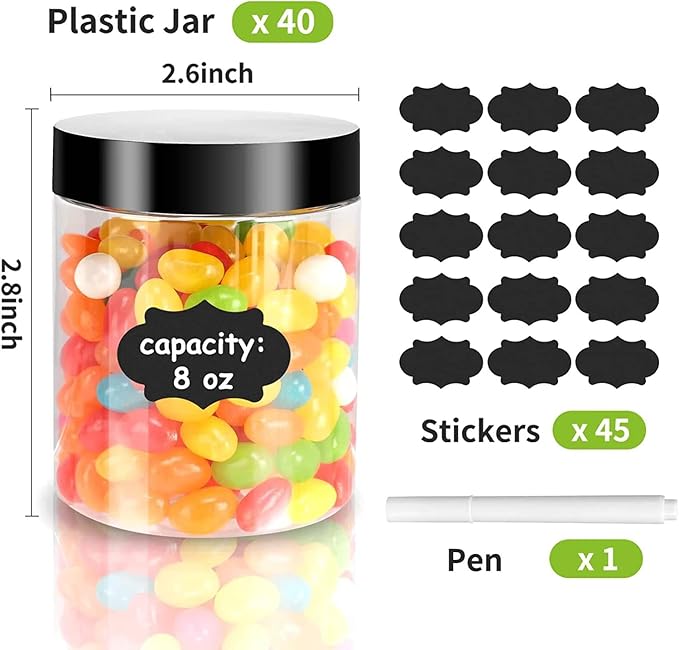 40 Pack Plastic Jars with Lids, Gencywe 8 oz Clear Slime Cosmetics Containers with Pen and Labels, Leakproof Storage Jars, PET Empty Jars with Black Lids for Kitchen Cookie Candy Spices Dry Food Cream