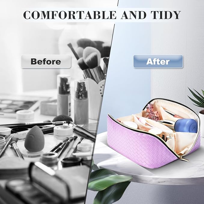 Travel Makeup Bag: Large Capacity Cosmetic Bag for Women, Portable PU Leather Waterproof Stuff Bag With Handle and Divider Flat Lay Makeup Pouch Toiletry Bag Birthday Gift for Women - Purple