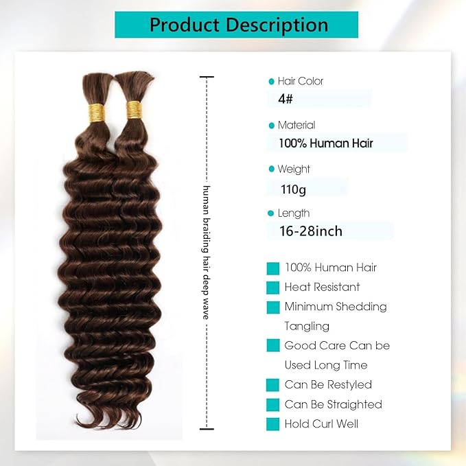 Chocolate Brown Human Braiding Hair for Boho Braids #4 Deep Water Wave Bulk Human Hair 110g 22 Inch Curly Human Hair Extensions Wet and Wavy Braiding Hair No Weft 2 Bundles/Pack