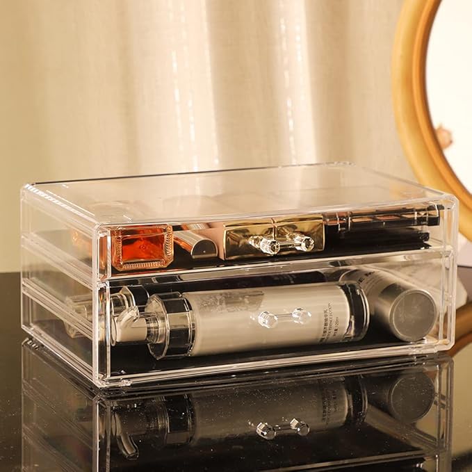 Cq acrylic Clear Makeup Storage Organizer Drawers Skin Care X Large Cosmetic Display Cases Stackable Storage Box With 6 Drawers For Dresser,Set of 3