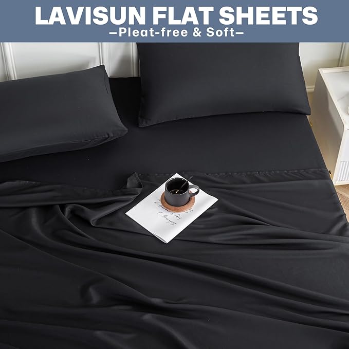 Lavisun Flat Sheets 2 Pack,Hotel Quality Flat Bed Sheets,Brushed Microfiber Bed Sheets, Bulk Sheets for Massage, Home, Dorm (Black,Queen)