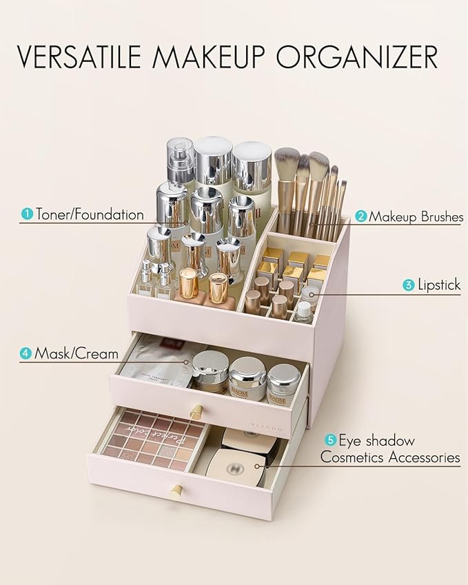Vlando Makeup Organizer,Skincare Organizer for Vanity，PU Leather Make up Organizer with Drawers Cosmetic Display Case for Countertop,Bathroom,Gifts Ideas for Women (Apricot White)