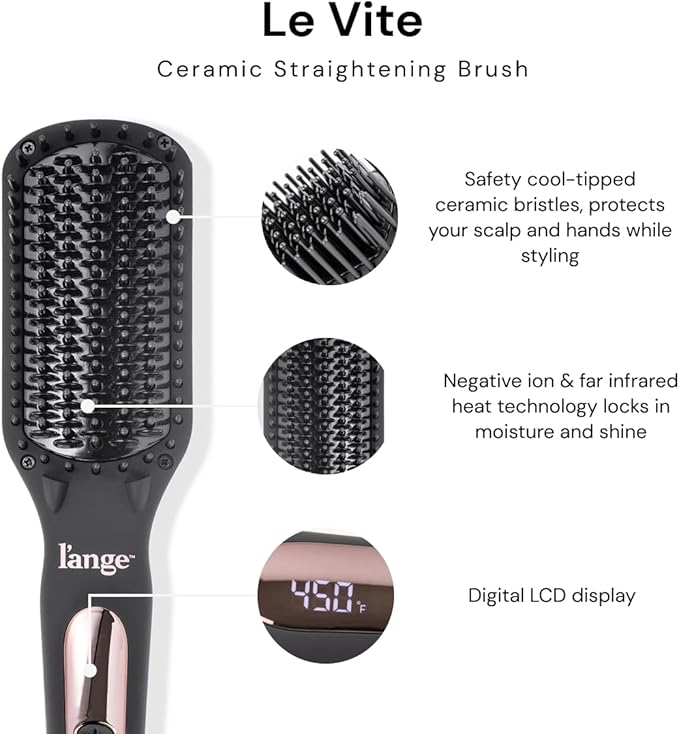 L'ANGE HAIR Le Vite Straightening Brush | Heated Hair Tool for Smoother, Frizz-Controlled Look | Dual-Voltage Hot Brush Straightener for Effortless Styling & Shine | Ceramic Standard Size (Black)