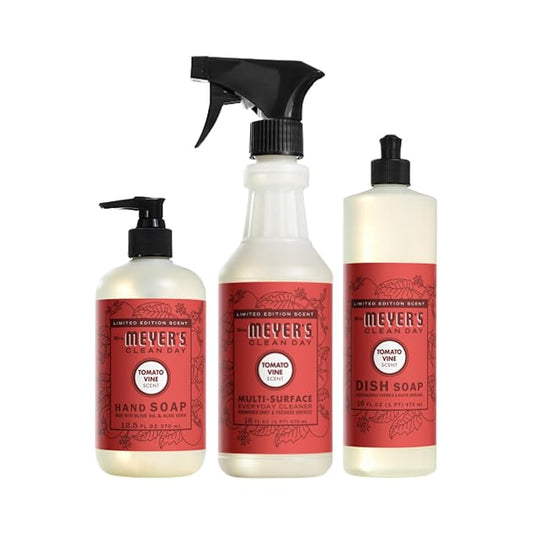 MRS. MEYER'S CLEAN DAY Tomato Vine 3 Pack Variety, Liquid Hand Soap 12.5 OZ, Liquid Dish Soap 16 OZ, Multi-Surface Cleaner 16 OZ, 1 CT