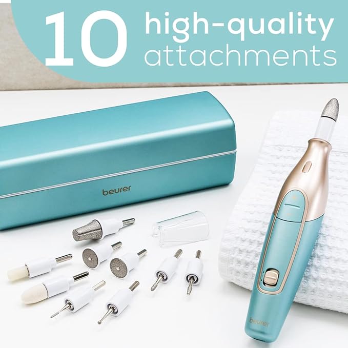 Beurer MP84 Professional Manicure & Pedicure Nail Drill Kit, 14-Piece Cordless Electric Nail File with 10 Attachments, LED Light, Adjustable Speed, Charging Storage Case