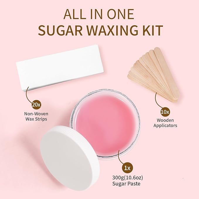 Sugar Wax Kit for Sensitive Skin: 300g/10.6oz Organic Sugaring Paste for Bikini Brazilian Hair Removal - Includes 20 Wax Strips & 10 Sticks (Rose)