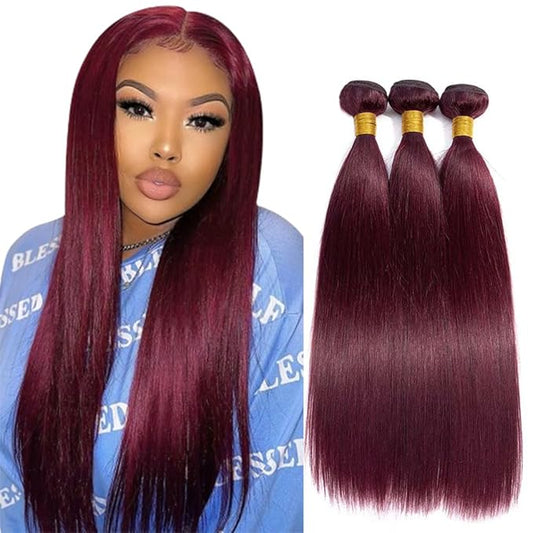 Color 99j Straight Bundles Human Hair Burgundy Straight Bundles Wine Red Brazilian Human Hair Weave Extensions Soft and Silky for Black Women 20 22 24 Inch