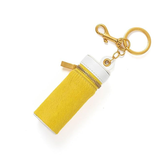 Cackatoo Genuine Leather Horsehair Lipstick Case with Keychain - Portable Travel Organizer for Lipstick and Chapstick - Stylish Key Chain Accessory for Women (Sallow/White)