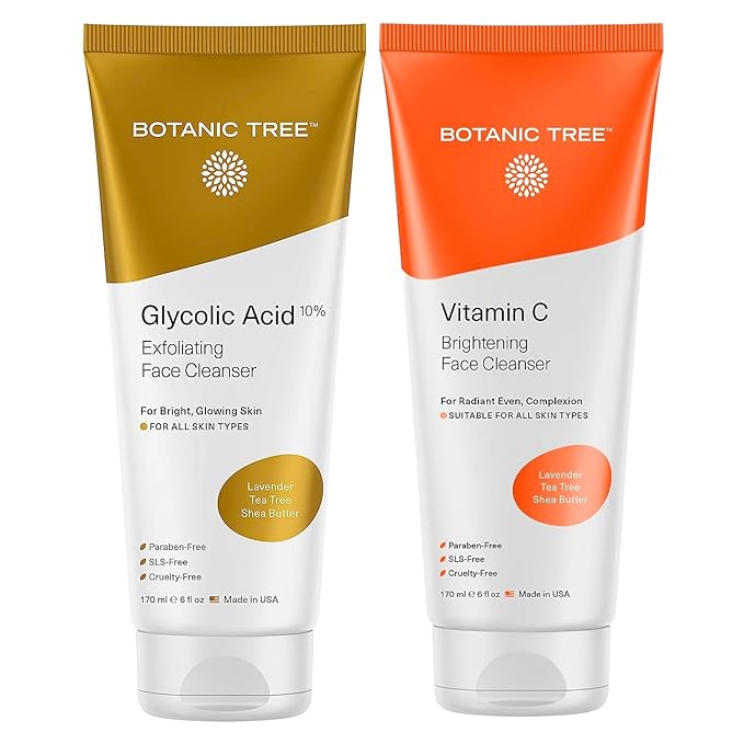 Botanic Tree Double Face Wash Kit - Gentle Facial Cleanser Set of Glycolic Acid Exfoliator Facewash And Vitamin C Cleanser for Women, Men - Natural Exfoliating Scrub Set for Oily, Dry, Sensitive Skin