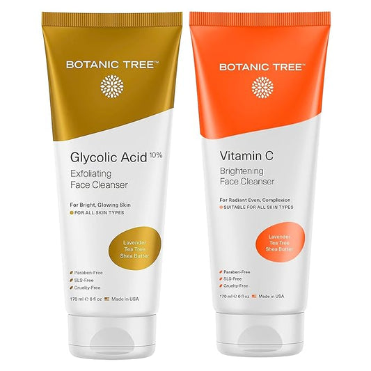 Botanic Tree Double Face Wash Kit - Gentle Facial Cleanser Set of Glycolic Acid Exfoliator Facewash And Vitamin C Cleanser for Women, Men - Natural Exfoliating Scrub Set for Oily, Dry, Sensitive Skin