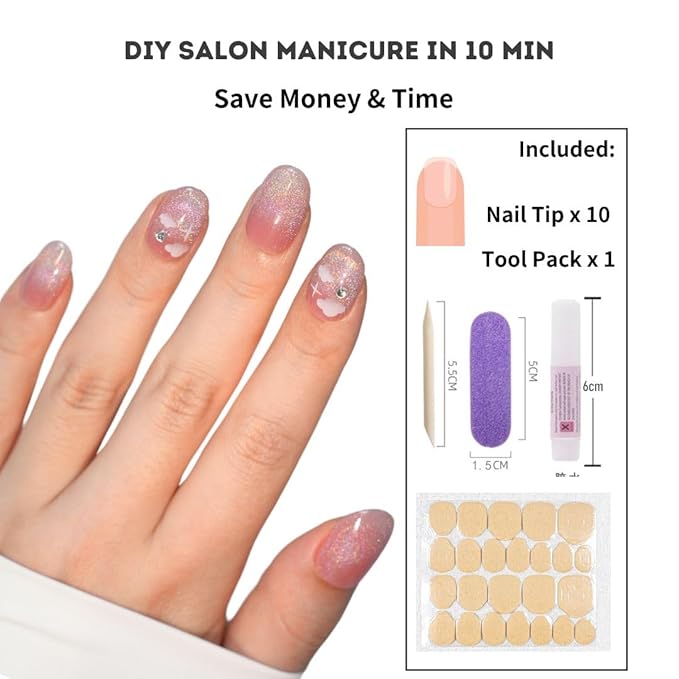 Press on Nails - Handmade 3D Short Medium Oval Almond Fake Nails, Glitter Cat Eye Gel, Durable Reusable False Nails 10 Pcs (Dream Rainbow, XS)