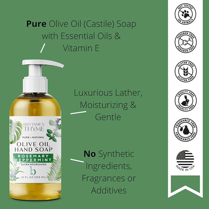 Brittanie’s Pure Castile Liquid Soap Refill, Rosemary Peppermint, 12 Ounce 3 Pack | Dish Soap, Hair & Body, Home, Gentle and Pure, Made with Natural Luxurious Oils, Vegan & Gluten Free Non-GMO
