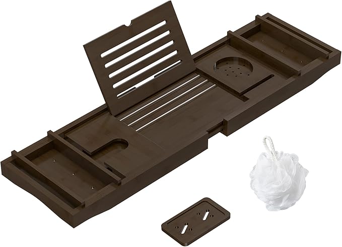 Bamboo Bathtub Tray for Luxury Bathroom, Expandable Premium Bath Tray w/Soap Towel Book Holder, Adjustable Bath Accessories for Tub,Extendable Tub Tray w/Wine Glass Cup Organizer 29.5-43.3" Espresso