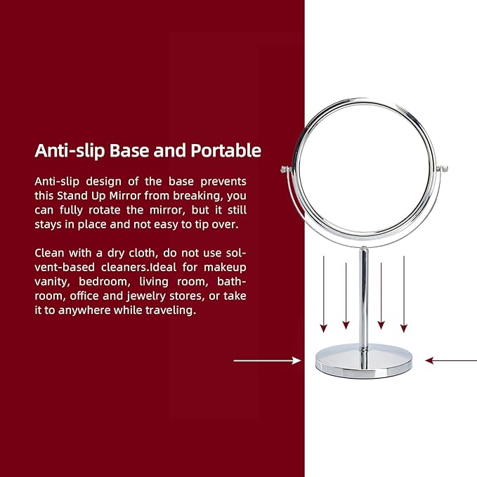 15" Tall Classic Round Desktop Makeup Mirror with Magnification, 8" Large Double-Sided 360° Swivel Free Standing Vanity Mirror, 1X/10X Magnifying Mirror with Stand for Bathroom & Bedroom, No Light