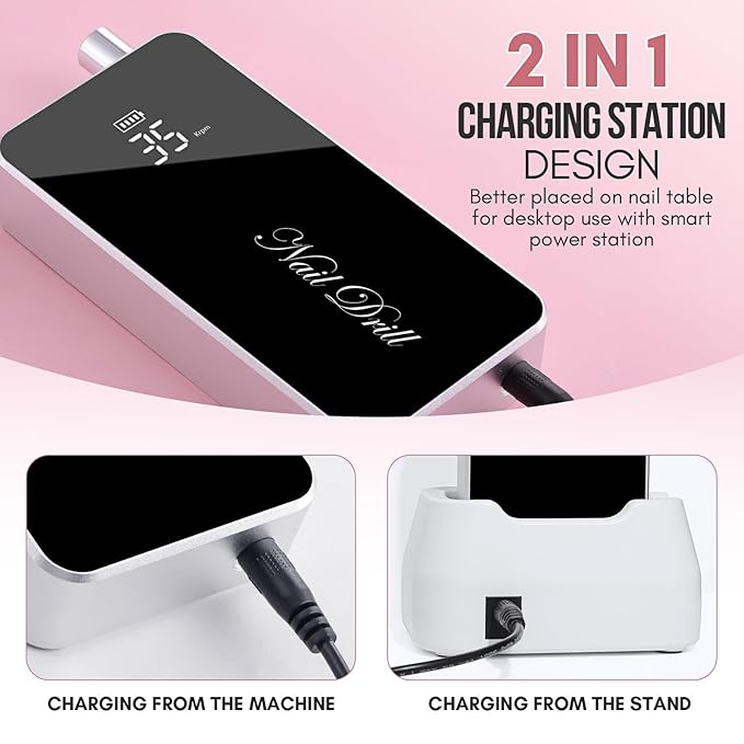 Makartt Electric Nail Drill, 35000RPM Rechargeable Efile with Coreless Motor, Nouvella Portable Nail Filer Machine for Acrylic Gel Removal with Drill Bits Set, Black