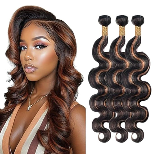 Ombre Human Hair P1B30 Highlight Body Wave Bundles Two Tone Black Mixed With Light Brown Body Wave Bundles Brazilian Soft and Silky for Women 22 24 26 Inch