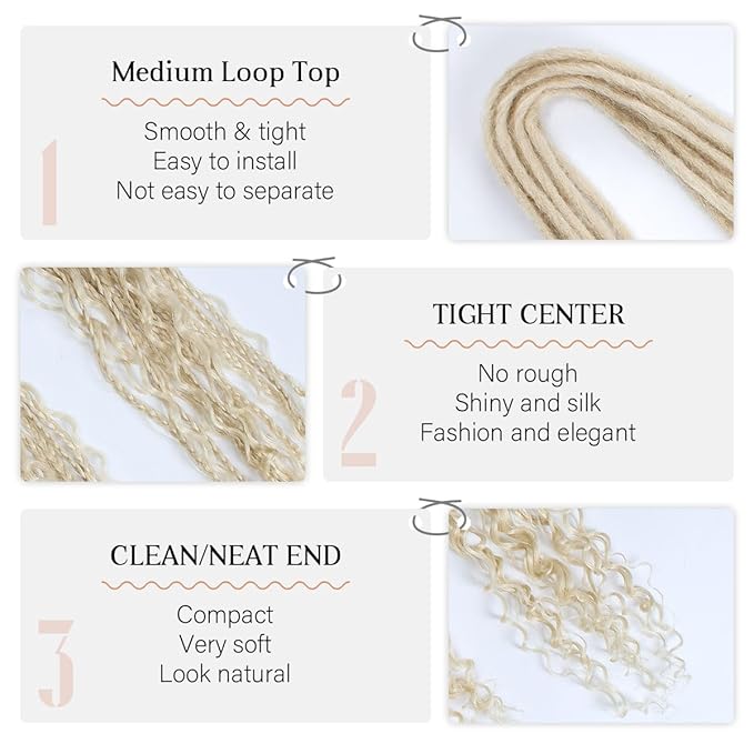 24 In Boho Braid Dreadlock Extensions, 10 Strands 613 Blonde Synthetic Double Ended Dreads Extensions, 100% Handmade Dreads Hippie Style Dreadlocks for Woman