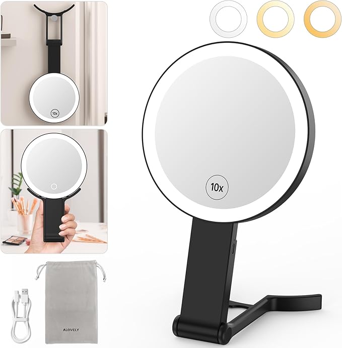 Alovely Travel Makeup Mirror with Lights, Portable Mirror 2-Sided 10X /1X Magnifying Mirror with Light, Travel Mirror with Lights and Magnification, 3 Color Lighting, Dimmable Touch Screen Handhold