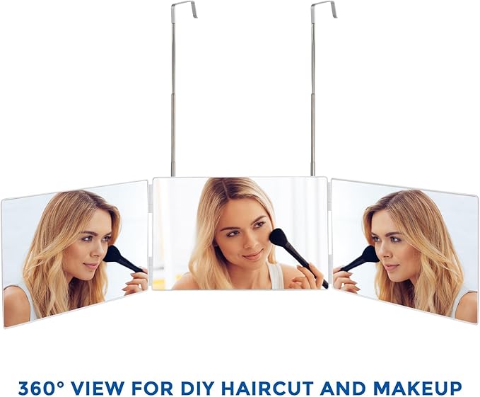 3 Way Trifold Haircut Mirror, 360 Degree Mirror for Hair Cutting, Shaving, Grooming, Hair Styling, Dye Hair Makeup with Adjustable Height Brackets, Portable for Travel, Bedrooms, Bathroom (White) New